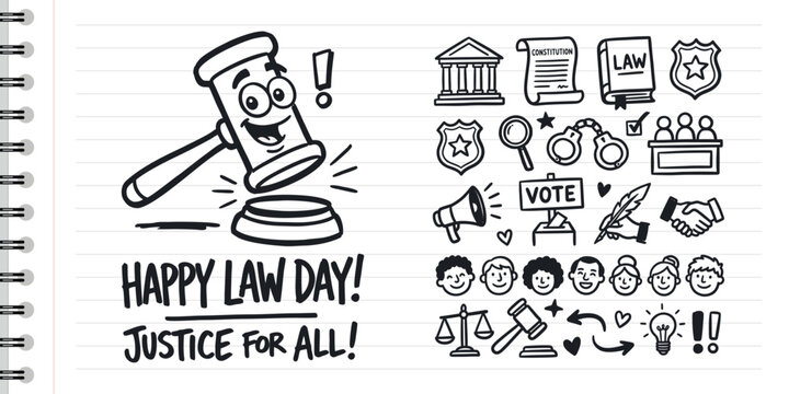 Law Day hand drawn doodle set with cartoon gavel and justice icons on notebook paper