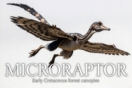 A digitally rendered Microraptor, an early Cretaceous forest canopy dweller, is in mid-flight.