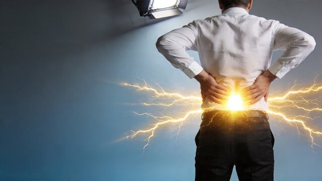 Business man suffering from severe lower back pain due to working in office holding his waist with hands as lightning flashes symbolizing sharp ache and injury