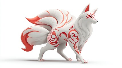 Obraz premium Ethereal White Nine-Tailed Kitsune with Flowing Red Calligraphic Markings