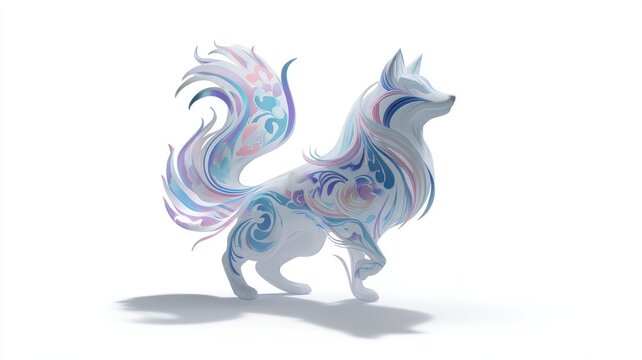 Ethereal White Fox with Flowing Pastel Filigree and Ornate Tail