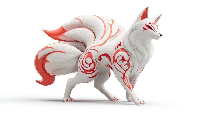 Ethereal White Nine-Tailed Kitsune with Flowing Red Calligraphic Markings