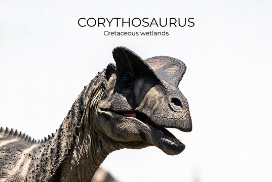 A realistic model of a Corythosaurus, a crested herbivore, is displayed in a wetland environment.