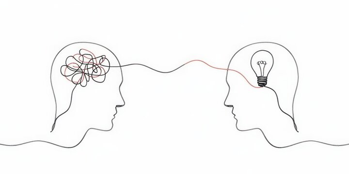 Two human heads with one having a tangled brain and the other a lightbulb on a white background representing ideas and inspiration