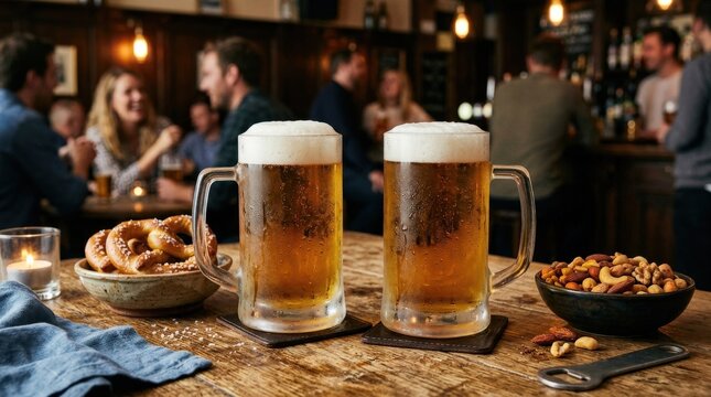 Two mugs of cold beer with pretzels and mixed nuts, casual pub snack scene with frosty drinks and savory bar food, warm inviting atmosphere, realistic detail, no logos