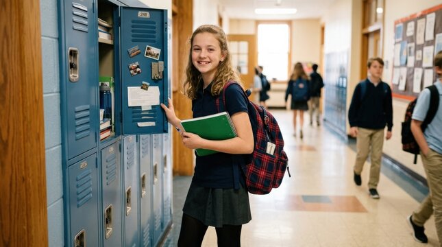 Smiling schoolgirl with a plaid backpack in a hallway by a locker, education and student life concept, cheerful portrait, bright natural expression, no logos
