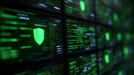 Fototapeta premium Glowing digital interface displaying a prominent shield symbol over streams of complex code and data patterns in a dark environment