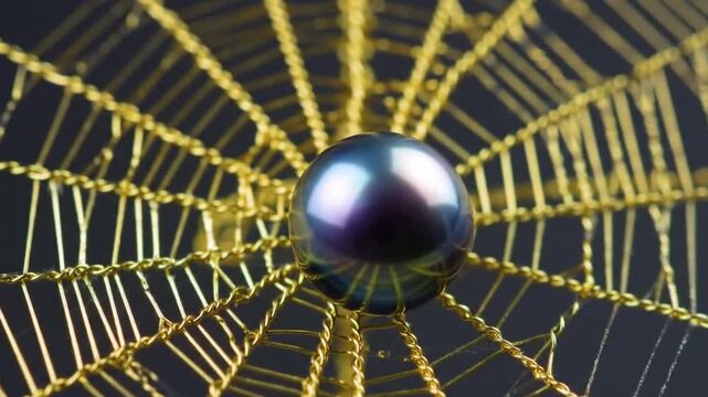 realistic close-up, iridescent pearl resting in the center of a golden, intricate, metallic spiderweb, gravity concept timespace