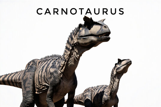 Subject: A realistic rendering of two *Carnotaurus* dinosaurs. Action: The dinosaurs are posed in a menacing stance, seemingly observing the viewer. Setting: A stark white background with a black bord