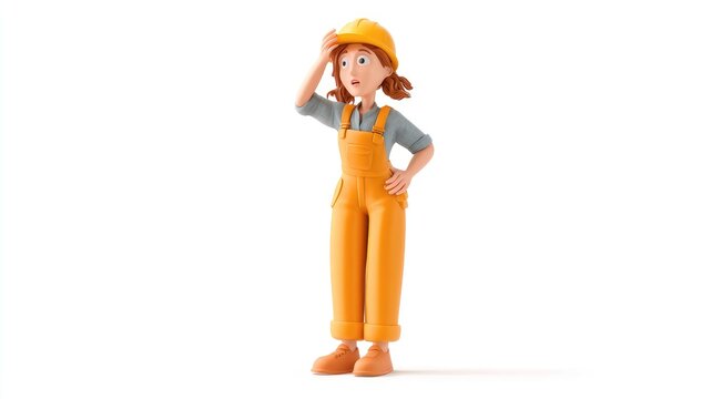 Flustered 3D Cartoon Female Builder in Orange Overalls and Hard Hat, Hand on Forehead, Isolated