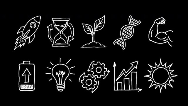 Hand drawn doodle icons of age boosters concept including rocket hourglass plant DNA muscle battery lightbulb gears graph and sun sketch outline 4k animated video, alpha transparent video