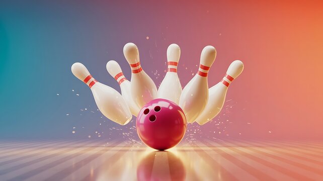 Bowling ball hitting pins with dynamic motion colorful background sports and leisure concept