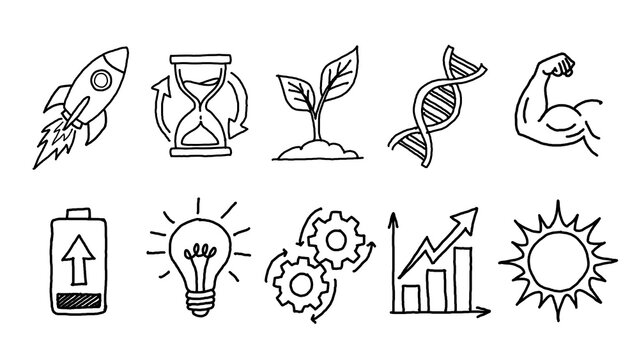 Hand drawn doodle icons of age boosters concept including rocket hourglass plant DNA muscle battery lightbulb gears graph and sun sketch outline alpha transparent