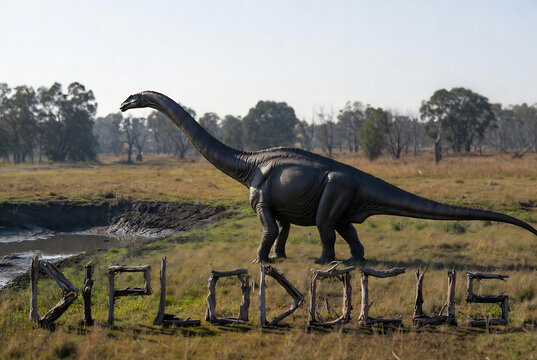 A life-sized replica of a Diplodocus dinosaur is displayed in a grassy field with trees and a riverbank.