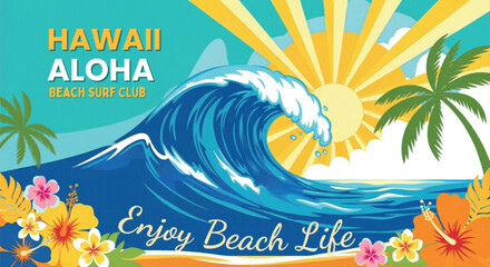 Vintage Hawaii Aloha Beach Surf Club vector illustration, tropical ocean wave with palm trees and hibiscus flowers, retro summer surfing poster isolated PNG with Transparent Background © Cozirooh.com