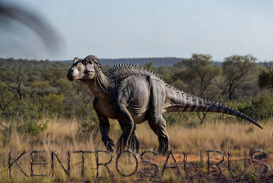 A digitally rendered Kentrosaurus, a herbivorous dinosaur, is depicted walking through an Australian outback landscape.