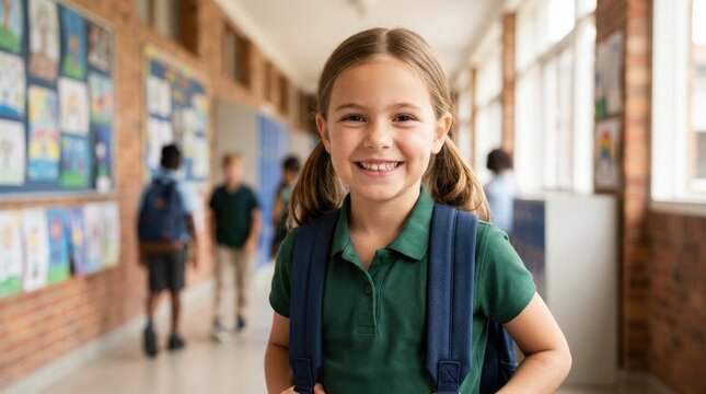 Happy young girl smiling at the camera with a backpack, cheerful school portrait with friendly expression and education lifestyle appeal, soft natural light, realistic detail, no logos
