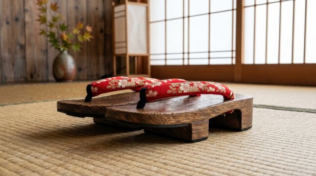 Traditional Japanese wooden geta sandals with red floral straps, cultural fashion accessory concept with elegant pattern detail and clean presentation, realistic detail, no logos