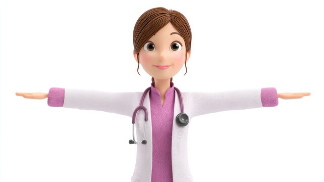 Friendly 3D Female Doctor Character in Symmetrical T-Pose on White