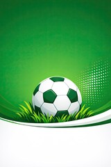 Naklejka premium Clean sports template featuring a classic soccer ball on green grass with a curved white border and halftone patterns
