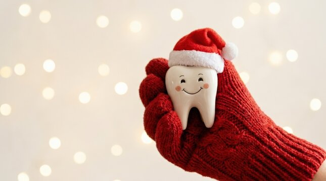 Festive tooth with Santa hat held in red knitted glove, holiday dental care concept, playful seasonal close up on clean background, no logos