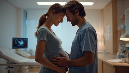 Obraz premium A heartwarming scene of a couple expecting a baby through IVF, showing love and care in a medical office, with a focus on their happiness and anticipation of parenthood.