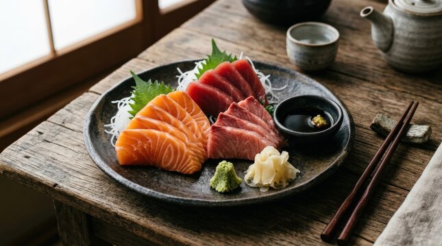 Traditional Japanese sashimi selection with fresh salmon and tuna slices, authentic seafood presentation with minimal elegant styling and premium texture, realistic detail, no logos