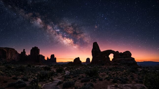 Silhouetted rock formations against a starry night sky with sunset hues, dramatic desert landscape and nature travel concept, atmospheric realistic detail, no logos
