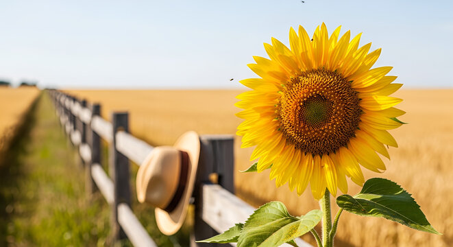 Vibrant sunflower blooming by rustic wooden fence, straw hat, golden wheat field, summer countryside landscape, farm harvest background, sunny pastoral scene.