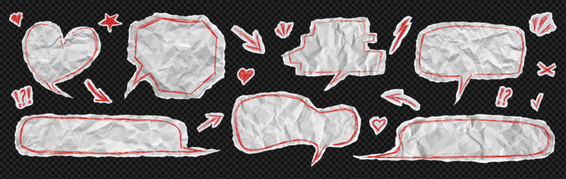 Crumpled paper speech bubble cloud bundle kit. Teenager rock punk chat balloon text box set. Rough empty memo page sticker, collage idea sheet scribble underline red lines on like transparent png bg
