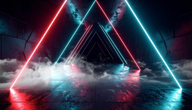 An ultra-wide, photorealistic 3D render of an empty futuristic corridor. Dark, textured concrete walls and tiled floor. The ceiling is covered in an intricate geometric grid pattern made of glowing cy