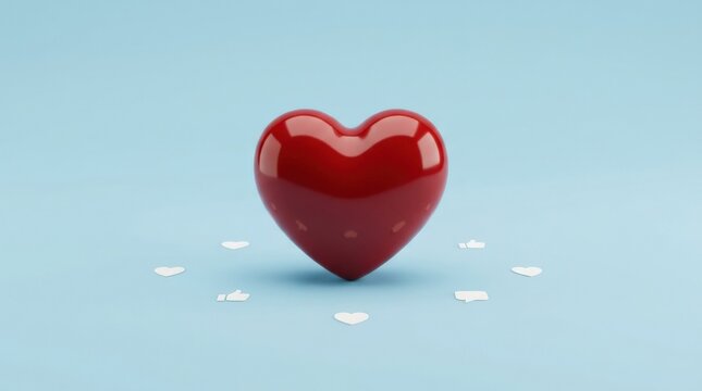 Glossy red heart on a light blue background, love and social reaction concept with smooth minimal composition, studio lighting, polished detail, no logos