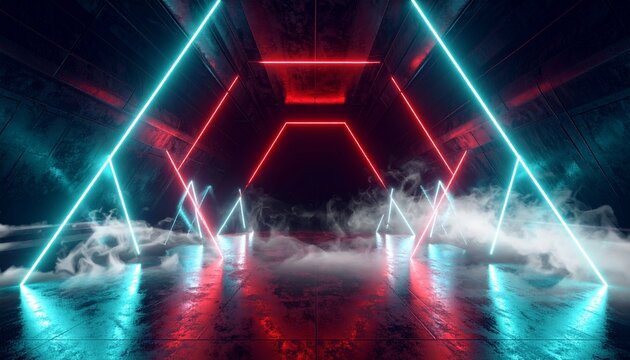 An ultra-wide, photorealistic 3D render of an empty futuristic corridor. Dark, textured concrete walls and tiled floor. The ceiling is covered in an intricate geometric grid pattern made of glowing cy