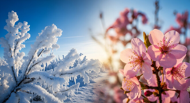 Seasonal transition background showing frost-covered winter branches and blooming pink cherry blossoms, dual season concept, nature metamorphosis, spring awakening from winter.