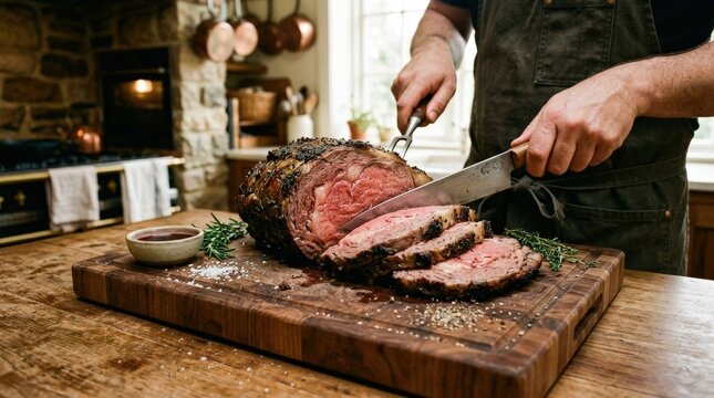 Perfectly roasted prime rib sliced on a cutting board, premium meat carving scene with tender texture and rustic kitchen appeal, warm light, realistic detail, no logos