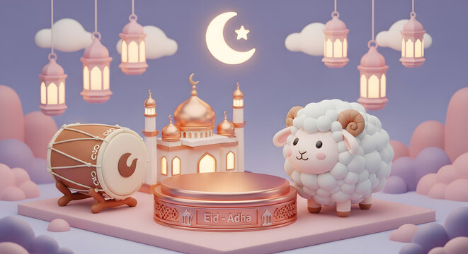 3D Eid al-Adha Celebration with Cute Sheep Mosque and Lanterns