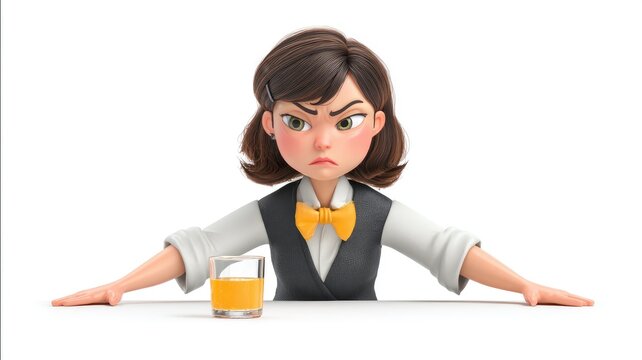 Furious Cartoon Woman in Yellow Bowtie Glaring Intensely Over Orange Juice