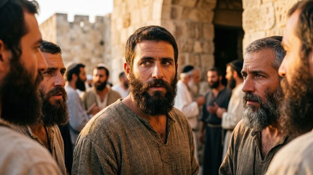 Men in ancient clothing discussing in historical setting. Biblical scene of Apostles electing Stephen and other men. Christian religious tradition of service, ordination and faith.
