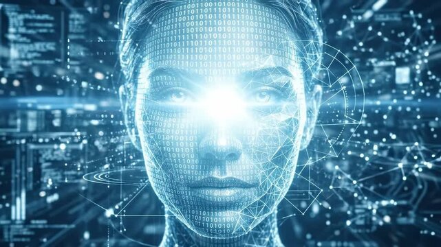 A digital human face constructed from binary code and futuristic lines, layered data geometry, glowing blue-white accents, high-tech atmosphere, ultra-realistic, no logos.