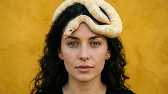 Close-up woman&rsquo;s face with white and yellow snake resting on head against yellow background, surreal beauty portrait with calm dramatic mood and conceptual styling, realistic detail, no logos