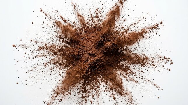 Overhead view of brown powder exploding outward, dynamic abstract texture concept, energetic burst on clean background, realistic detail, no logos