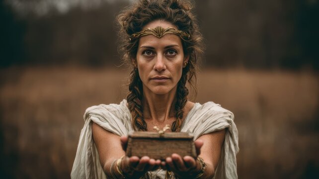 Pandora box scene woman opening glowing box smoke rising ancient setting soft light dramatic atmosphere.