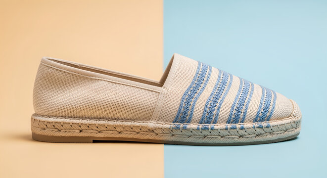 Striped canvas espadrille flat on minimalist beige and blue background, summer fashion footwear, nautical style slip-on shoe, beach vacation accessories, travel lifestyle.