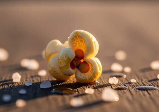 Macro shot of a single popcorn kernel with water droplets and salt crystals on a dark textured surface