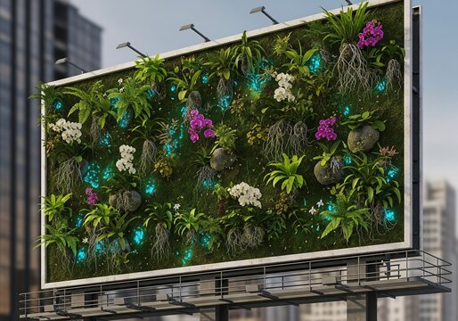 Living billboard with glowing plants and roots, urban setting