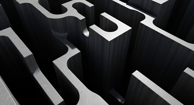 Dark concrete maze close-up with dramatic shadows, abstract 3D labyrinth background symbolizing business strategy, complexity, problem solving, and finding path to success.