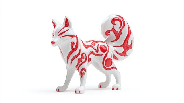 Glossy White Kitsune Spirit with Intricate Red Flame Markings