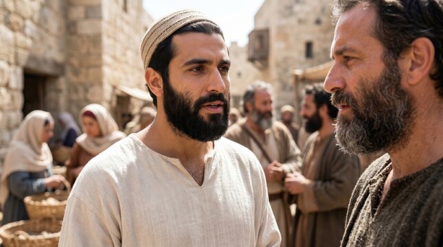 Saint Stephen talking to an apostle in Jerusalem. Biblical scene from Acts 6 depicting the selection of the seven deacons. Faith, devotion, and historical religious gathering concept.
