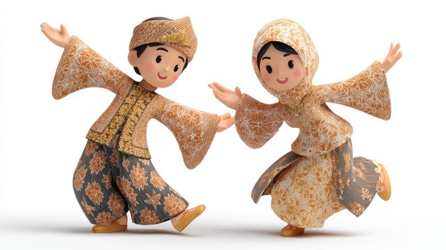 Golden Batik Harmony: Adorable 3D Couple in a Joyful Traditional Dance