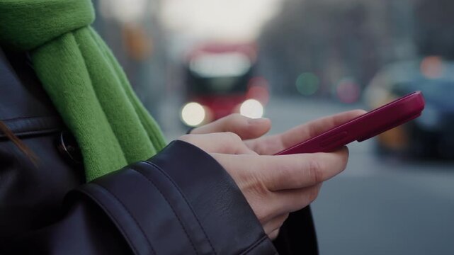 A close-up of hands holding a smartphone against a blurred background of an evening city with passing buses and traffic lights. The woman types messages and switches between various mobile apps
